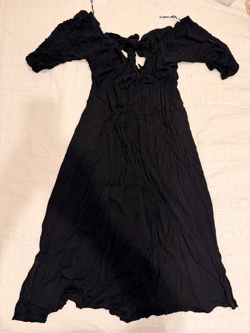 Baltic Born Black Tie-Front Midi Dress with Puff Sleeves